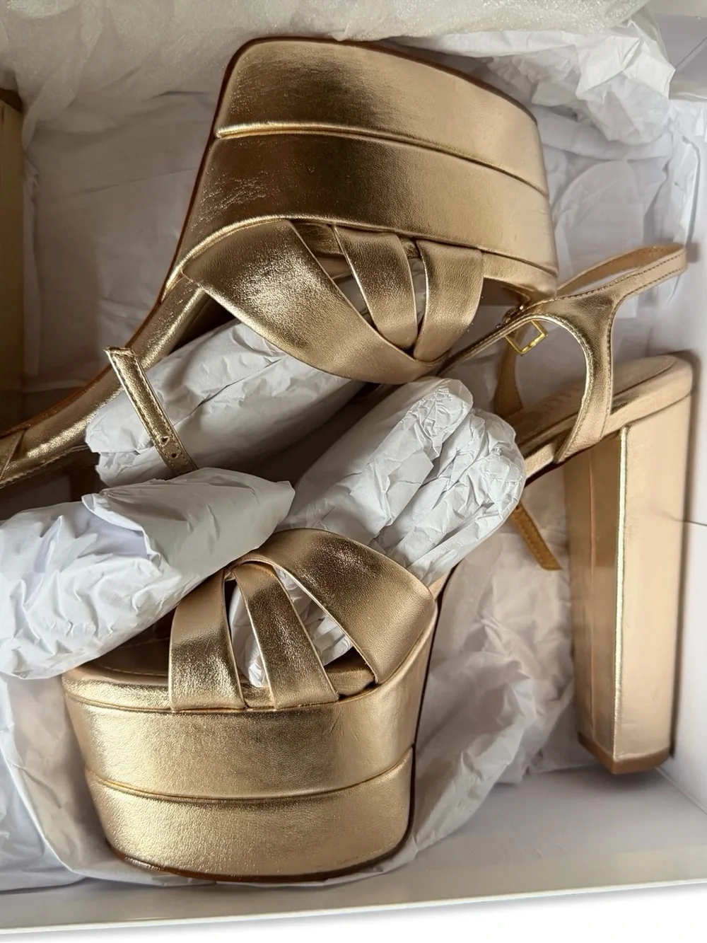 Schutz Keefa High Platforms Platina Gold Heels Sandals shoes Revolve 7